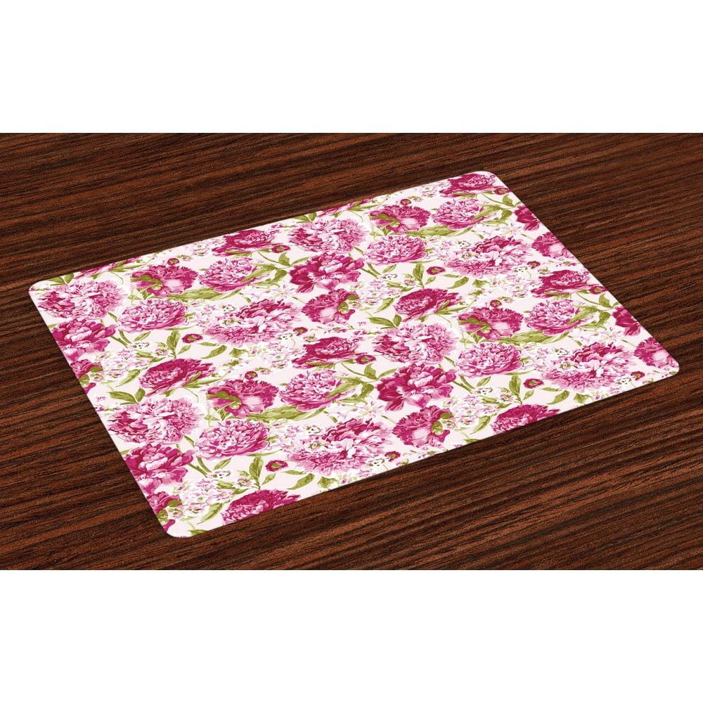 Flowers Placemats Set of 4 Floral Theme Vintage Pink Peonies and Leaves ...