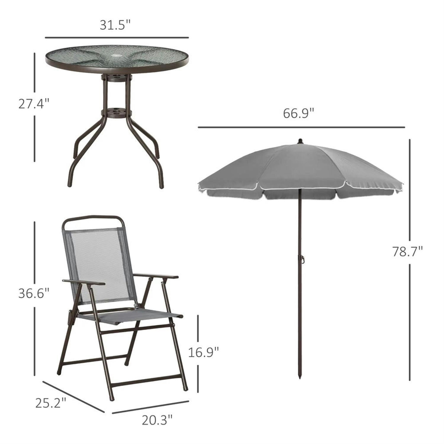 Demi Bonn 6-Piece Outdoor Dining Set with Umbrella, 4 Folding Chairs & Round Glass Table for Garden & Patio, Gray