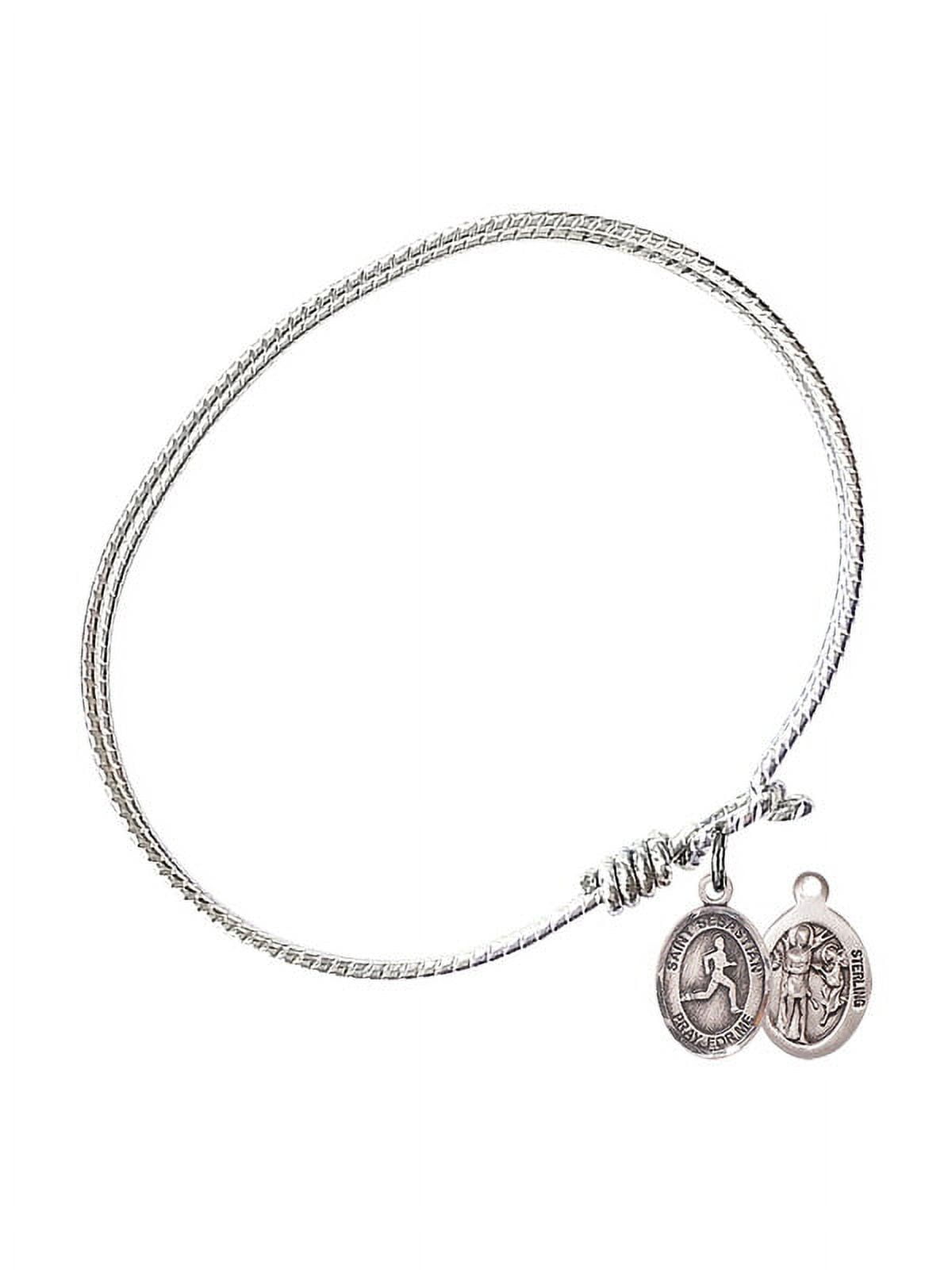 7 1/4 inch Oval Eye Hook Bangle Bracelet w/ St. Sebastian/Track & Field in Sterling Silver