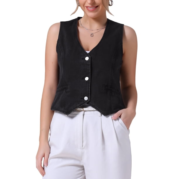 CHAQUETA DE JEANS SIN MANGAS PARA MUJER INSPIRADA CHIC, CON ESCOTE EN V Y BOTONES, VESTIDO DE DENIM CROP XL NEGRO