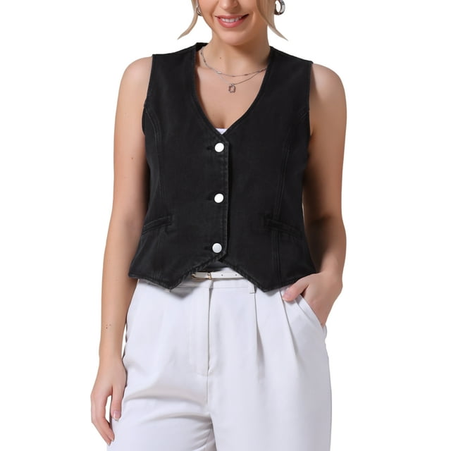 CHAQUETA DE JEANS SIN MANGAS PARA MUJER INSPIRADA CHIC, CON ESCOTE EN V Y BOTONES, VESTIDO DE DENIM CROP XL NEGRO
