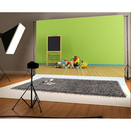 Image of GreenDecor 7x5ft Play Room Backdrop Balls Toys Car Building Block Light Green Wallpaper Vintage Wood Floor Interior Photography Background Kids Adults Photo Studio Props