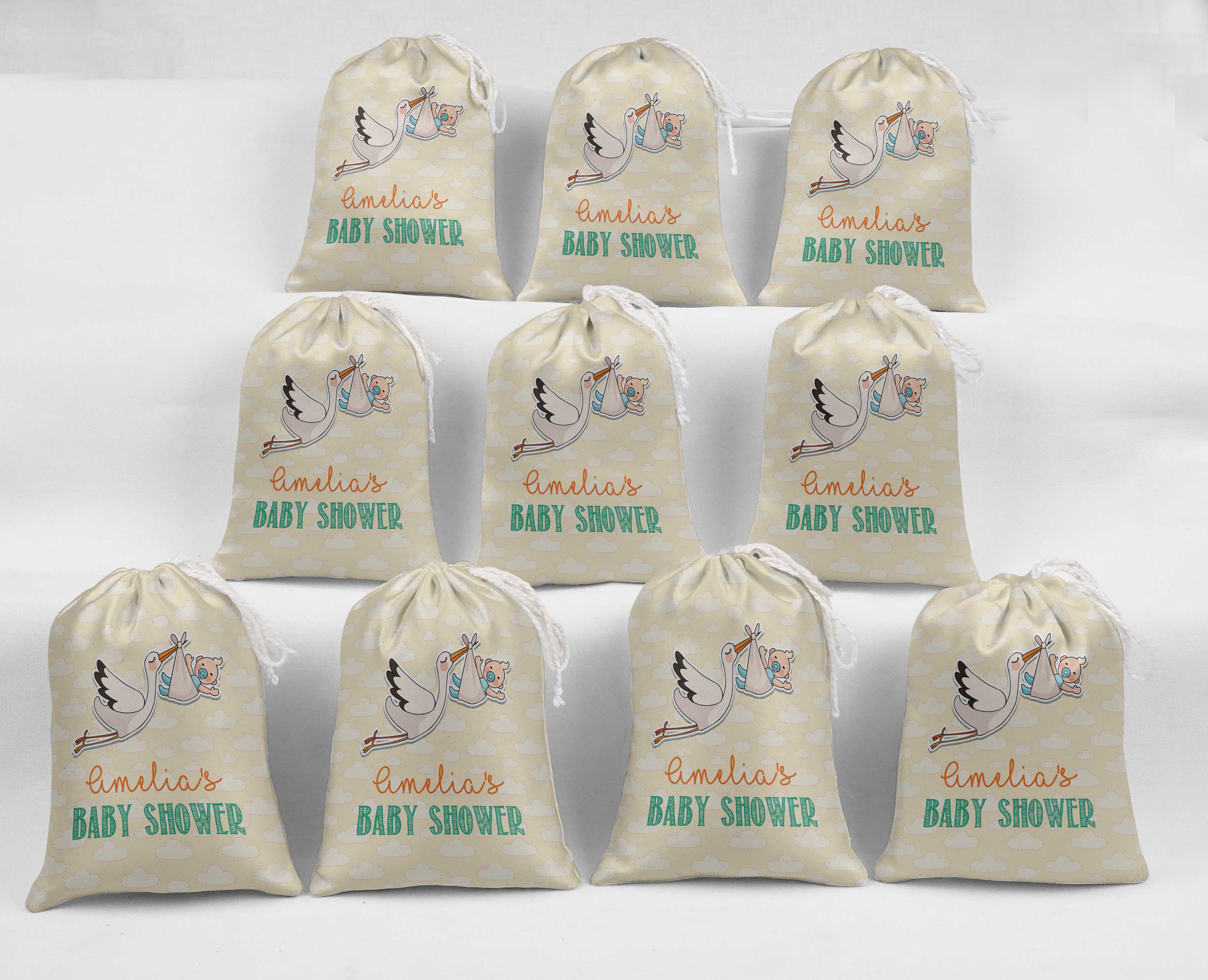 Darling Souvenir Orange Flying Stork Baby Shower Custom Party Supplies Favor Bags Gift Pouches 15 Pieces