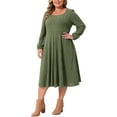 thumbnail image 4 of Vestido de manga larga de talla grande para mujer Agnes Orinda, con cuello cuadrado, bolsillos, casual, fluido, corte A, midi, de punto, 2X verde ejército, 4 of 6