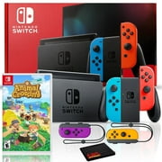 Nintendo Switch with Neon Blue/Red JoyCon Bundle with Neon Purple/Neon Orange JoyCon, and Animal Crossing: New Horizons