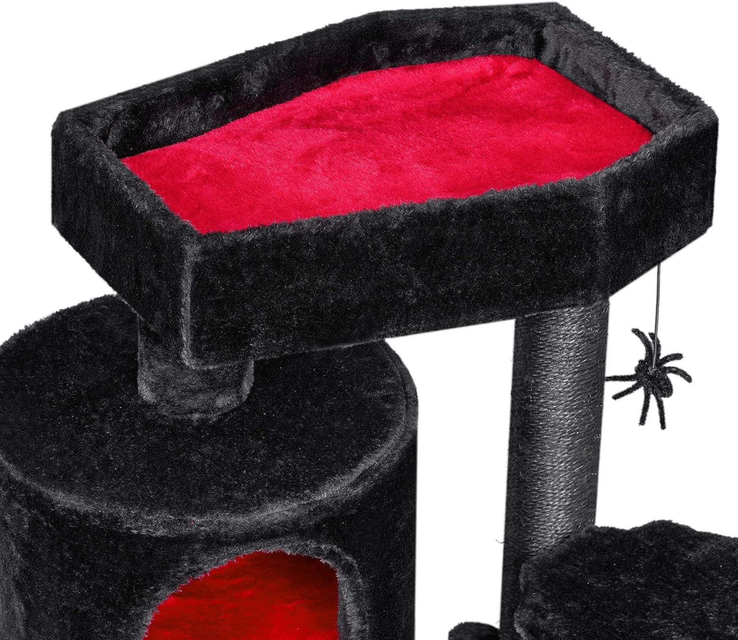 Gothic Cat Tree with Coffin Bed Goth Cat Tower Coffin Cat Tree Cat Condo with Cat Scratching Post, Spider Hanging Ball Black Red Halloween Kitten Pet Furniture