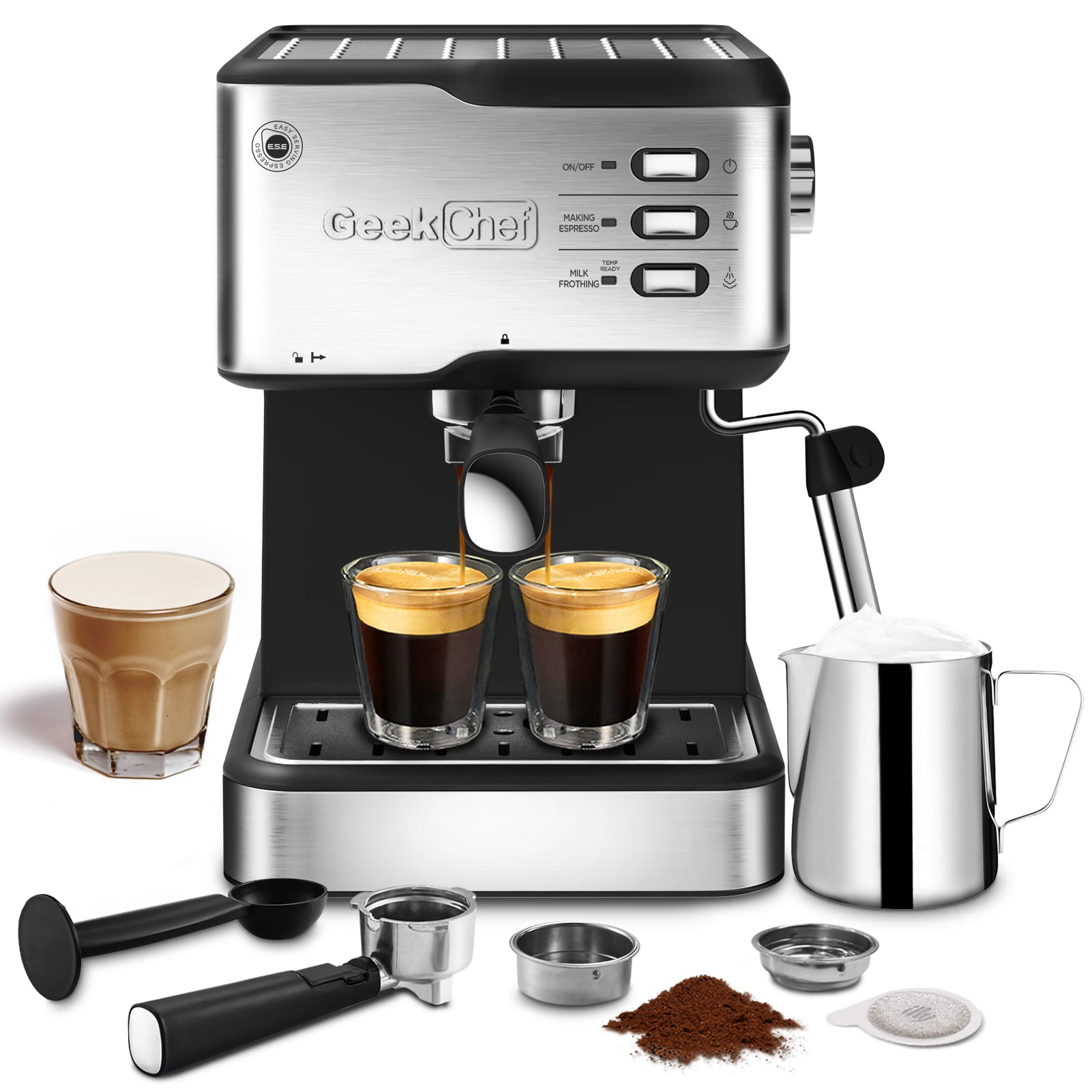 Espresso Machine 20 Bar with Milk Frother, Semi-Automatic Latte &  Cappuccino Coffee Maker Duo-cup 33oz/1L Removable Water Tank for  Home/Office, 1450W, Stainless Steel 