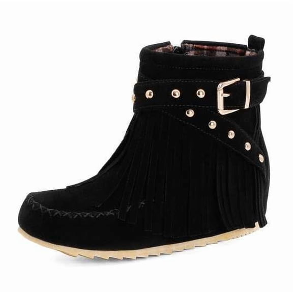 SACFOF Women's Western Cowboy Boots, Fringe Faux Suede Boots Retro Round Toe Fringe Buckle Strap Ankle Boot Low Heel Rome Flat Shoes Tassel Knight Booties Shoes