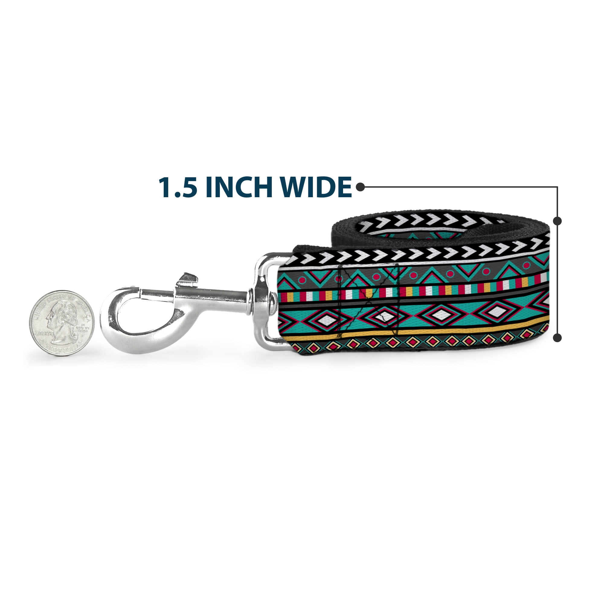 Buckle-Down Pet Leash, Dog Leash, Geometric Gray Teal White Pink Yellow, 6 Feet Long 1.0 Inch Wide
