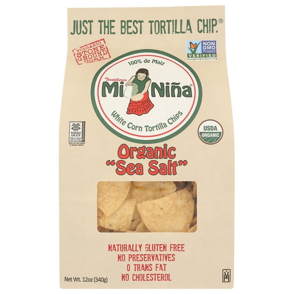 Pack of 9, Mi Nina Organic Sea Salt White Corn Tortilla Chips, 12 oz