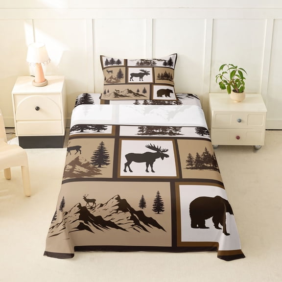 Manfei Jungle Wildlife Twin Sheets,Mountain Pine Bedding,Brown,3pcs,1 Fitted Sheet and 1 Pillowcase