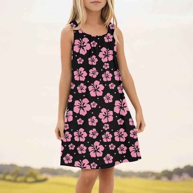 Robes de Printemps pour Filles Enfants Robe d'Été à Fleurs Sans Manches Plage Maillot de Bain Robe Débardeur Robe Fille Noire 5 Ans-6 Ans