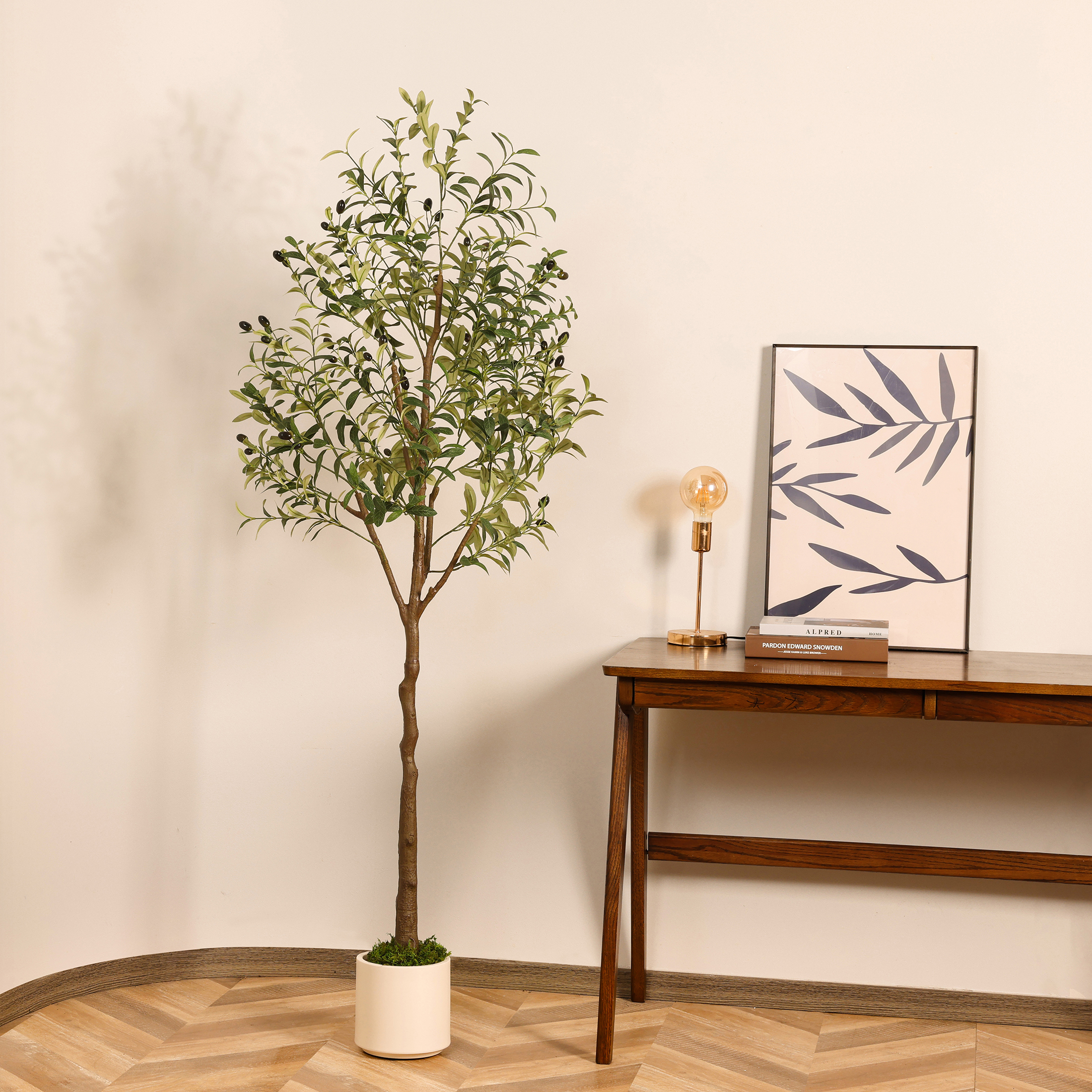 Artificial Olive Trees, 7 ft Tall Fake Olive Trees for Indoor, Faux Olive Silk Tree, Large Olive Plants with White Planter for Home Decor and Housewarming Gift, 1 Pack