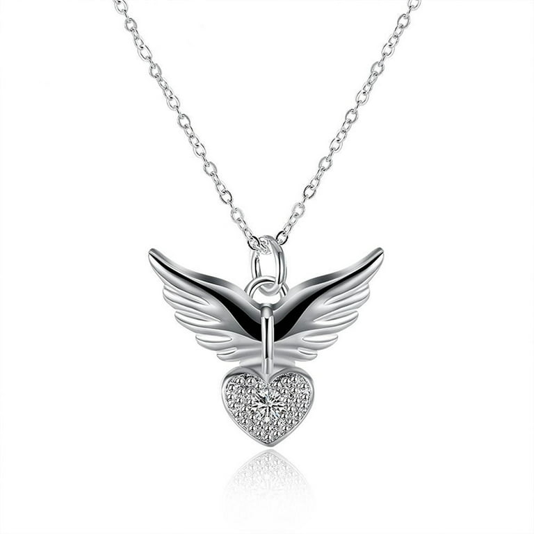 Grandest Birch Women Elegant Angel Wing Love Heart Pendant Chain Necklace  Jewelry Gift Alloy, Rhinestone Silver