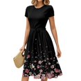 thumbnail image 2 of Wedding Guest Dress, Womens 2025 Summer Casual Dress Floral Belted Short Sleeve Round Neck Cocktail Beach Sundress Lightweight Party Daily Wear Elegant Midi Dress Top (XXL, Black) ZMTing, 2 of 4