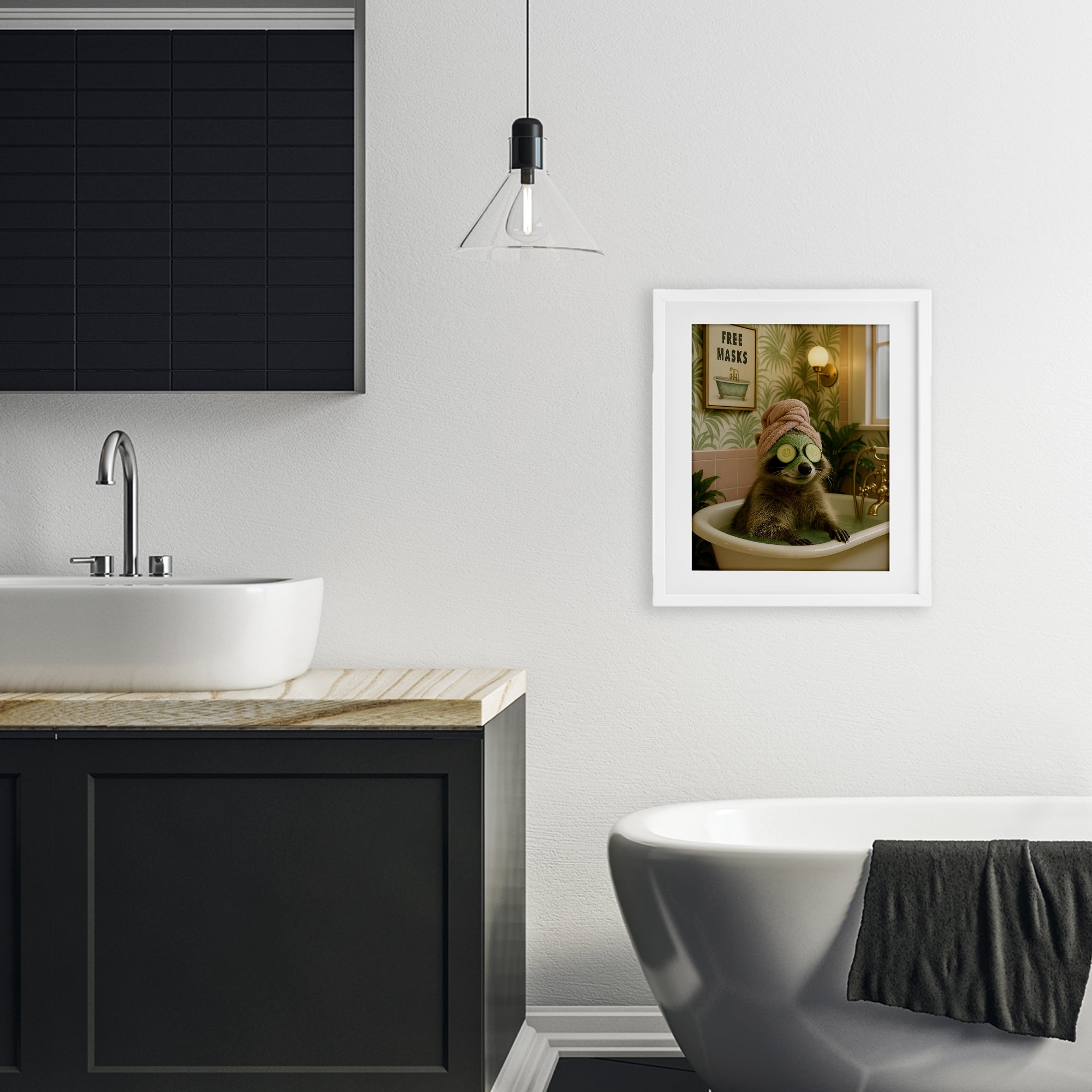 Stupell Industries Raccoon Spa Day Bath White Framed Print Under Glass, design by Grotto Studios