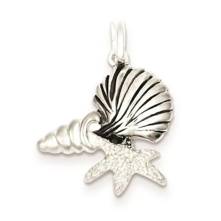 925 Sterling Silver Antiqued Polished & Satin Seashells Charm Pendant