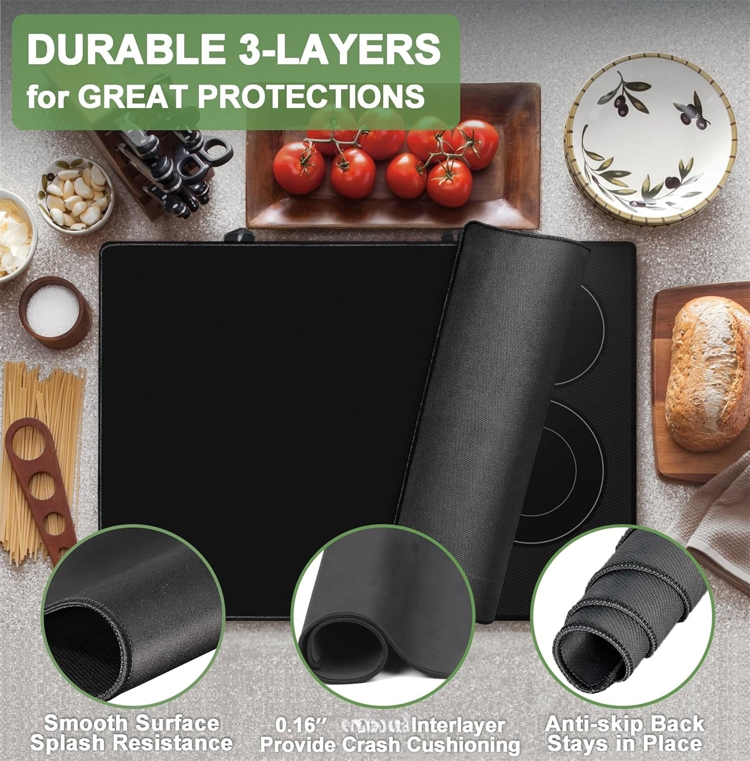 Topboutique Stove Top Cover,Fireproof Electric Stove Mat,Ceramic Glass Cooktop Protector Mat,Heat-Resistant Cooktop Cover Mat,Waterproof,Anti-Slip,Rubber Thick Induction Cooktop Protector,24''x21''