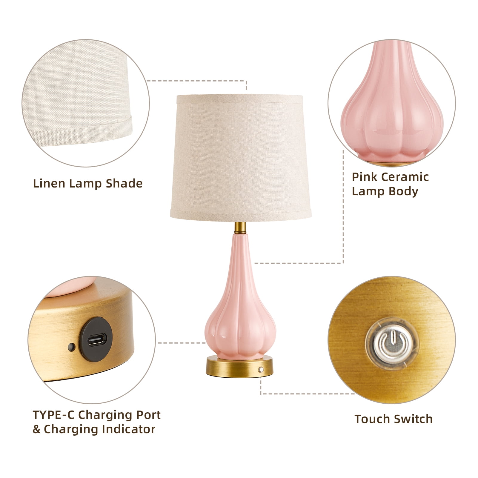 RORIA 18"Pink Ceramic Table Lamps Set of 2, Powered By a 5000mAh Rechargeable Battery, With Touch Controlled Dimming, Suitable for Living Rooms, Bedrooms, and Nightstands
