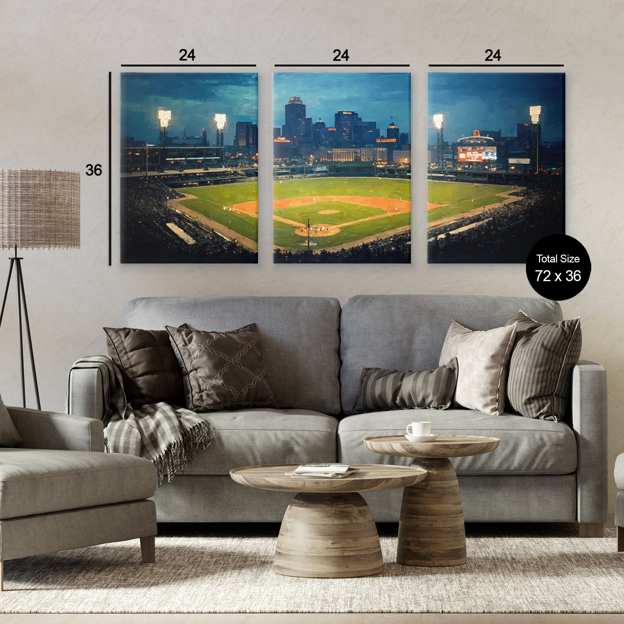 Stupell Industries Baseball Stadium Night View 3 Piece Canvas Wall Art Set, design by Arlington Prints