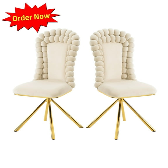 Tcbosik 360° Swivel Upholstered Chairs Set of 2, Velvet Fabric Dining Chair, Modern Vanity Chair, Accent Chair with Metal Legs for Living Room, Beige
