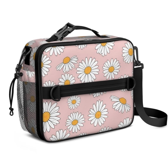 Daisy Pioneer Flower Pink Pattern Insulated Lunch Bag with Shoulder Strap and Bottle Holder,Bento School Lunch Bag Box,11x9.5x3.5 Inches