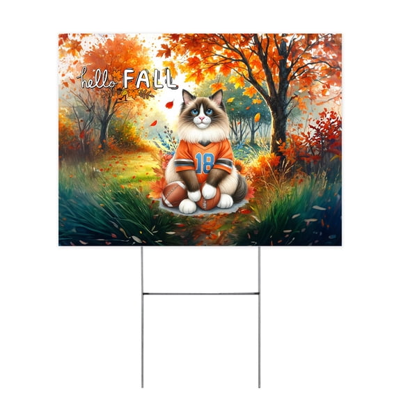 Hello Fall Ragdoll Football Welcome Autumn with Leaves Pumpkins Yard Sign Cat Lover Kitten Owner Gifts Idea Outdoor Home Lawn Garden Porch Decor - 00012