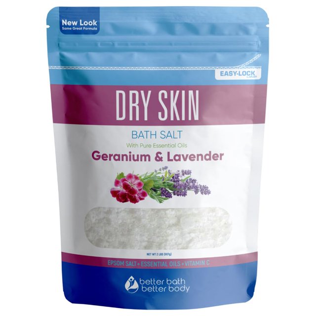 Sal de baño para piel seca, 32 onzas de sal de Epsom con aceites esenciales naturales de geranio, lavanda, ylang ylang y limón, además de vitamina C en una bolsa sin Bpa con cierre fácil de presionar