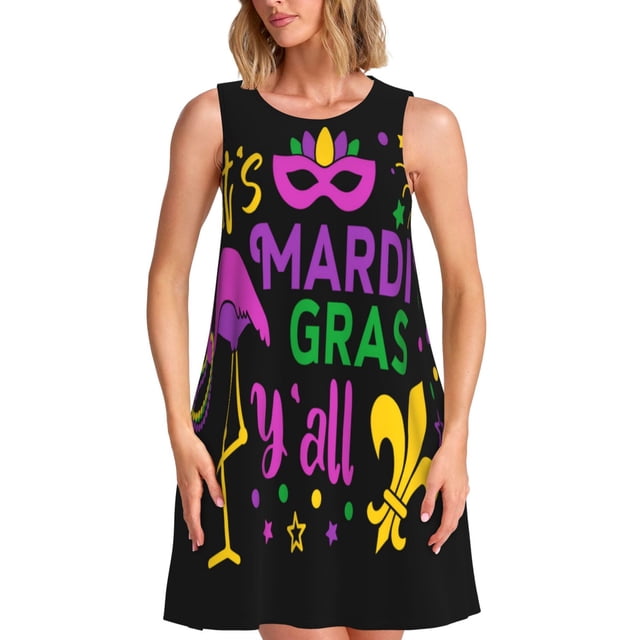Disketp Mardi Gras with Flamingo para Vestido sin Mangas para Mujeres, Vestidos de Verano para Mujeres, Casual y Holgado para la Playa