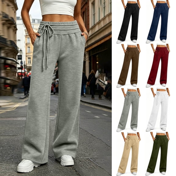 Sweatpants for Women Wide Leg Fall Lounge Sweat Pants with Pockets Drawstring Elastic Trendy Side Tie