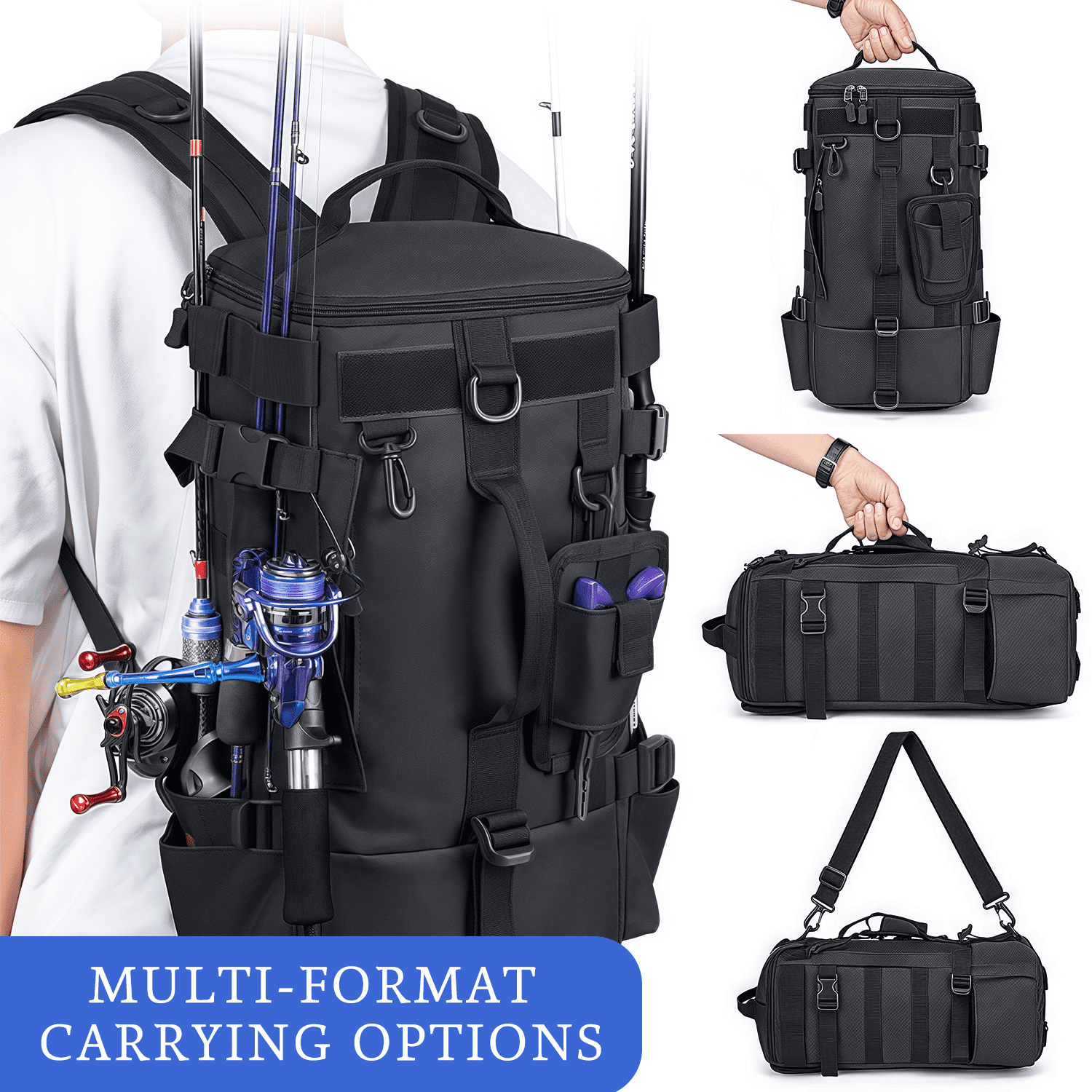AGOPLEE Fishing Backpack, Tackle Sling Bag with Rod Holder, Black, Unisex