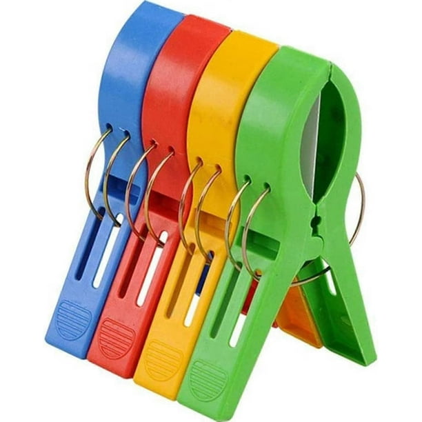 Big Size Plastic Hanging Clips Set, 12cm Large Beach Towel Clamps for Sunbeds Sun Loungers Pool Clothes Pegs Away, 4 Colors in Pack