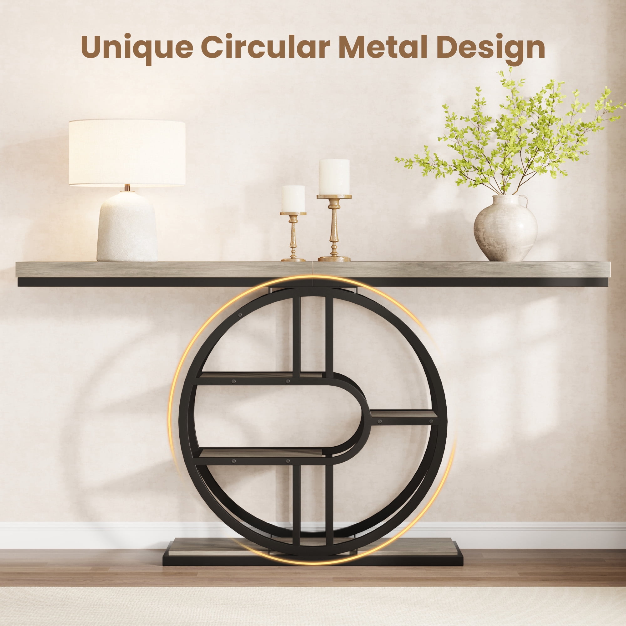 Console Table 55 Inch, Sofa Table with 3-Tier Storage Shelves and O-Shaped Metal Frame, Narrow Entryway Table for Dining Room, Hallway & Living Room