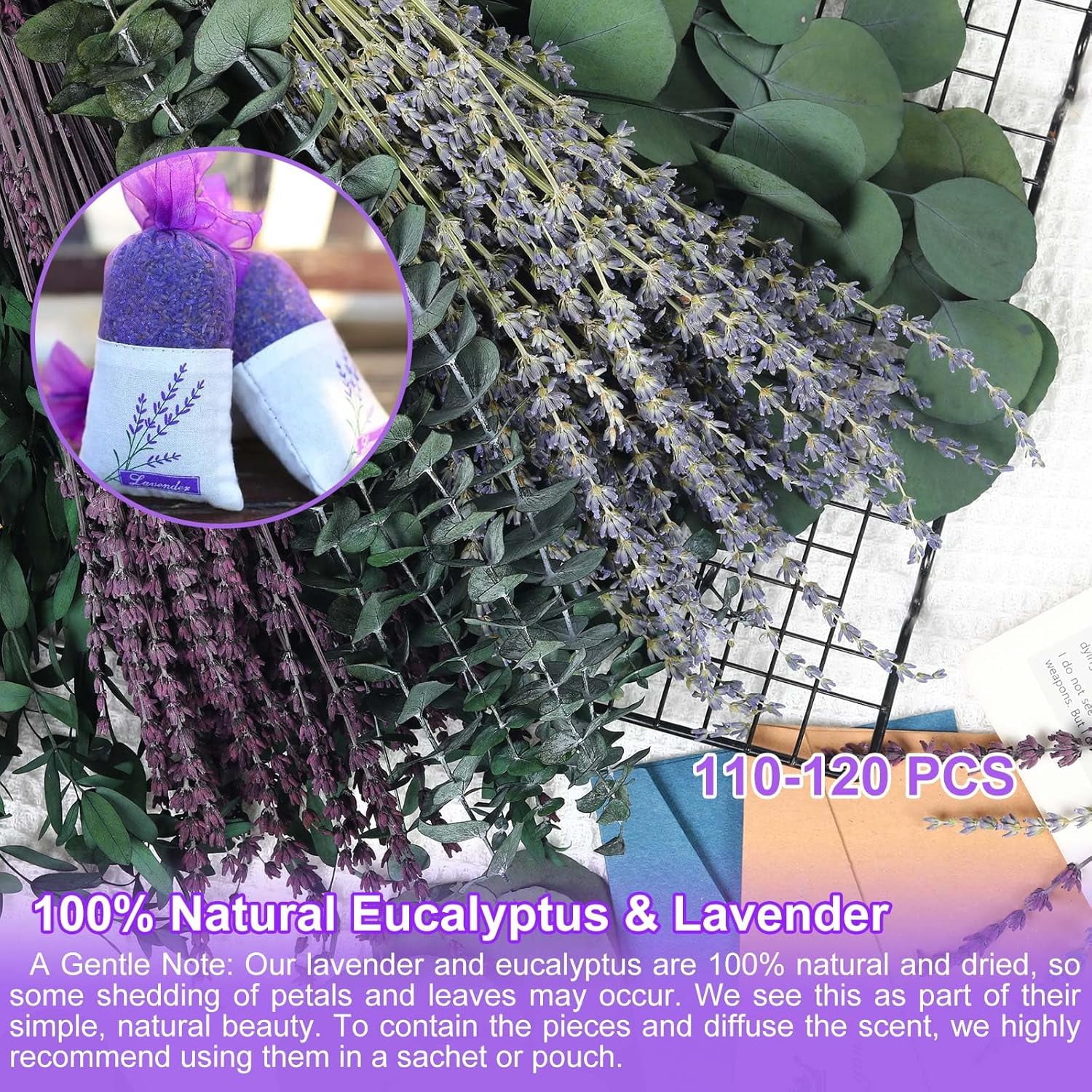 120+ Pcs Mixed Dried Eucalyptus & Lavender Flowers for Shower, Preserved Natural Leaves Wall Hanging, Plant Fragrance, Florals Vase Fillers, Wedding, Green Bathroom Decor
