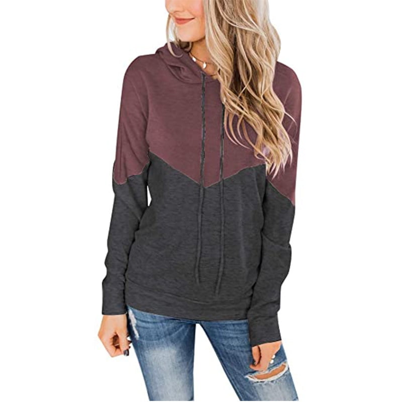 Lovezesent Womens Cowl Neck Color Block Double Hooded Sweatshirt with Thumb Holes
