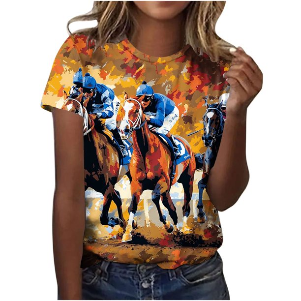 Tops de Cuello Redondo para las Mujeres, Nuevo Suéter de Manga Corta, Caballo Casual Impreso Top Camiseta