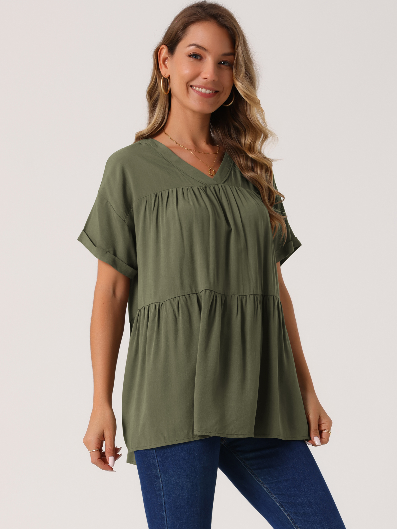 DARING DIVA Women's Babydoll Casual V Neck Short Sleeve Peplum Blouse L Army Green