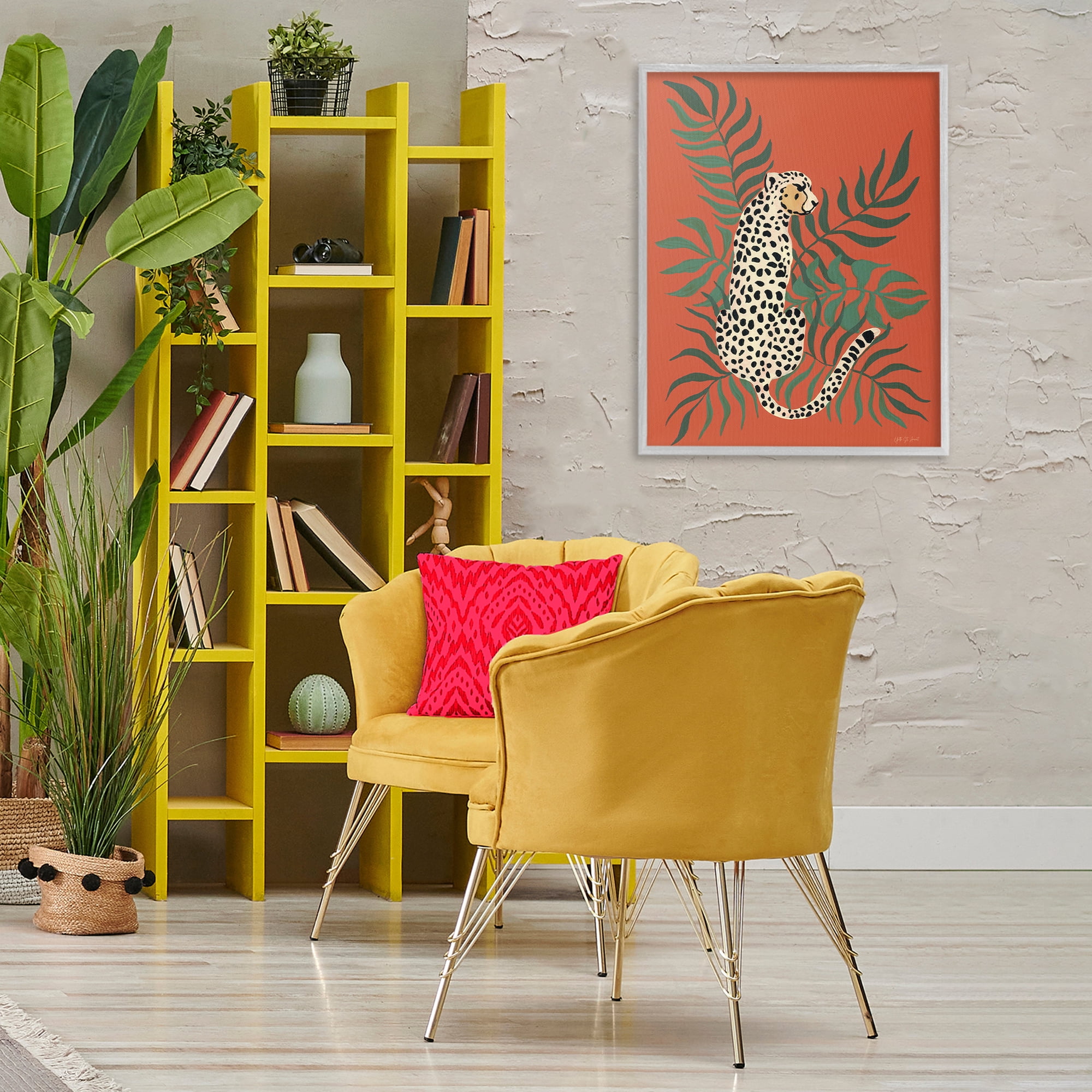 Stupell Industries Leopard & Palm Leaves Animals & Insects Painting Gray Framed Art Print Wall Art, 24 x 30