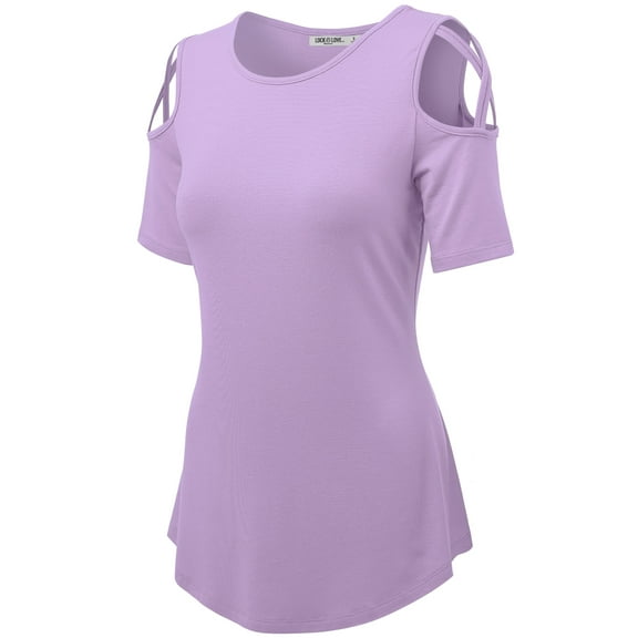 Made by Johnny Women's Loose Short Sleeve Strappy Cold Shoulder Top S LILAC