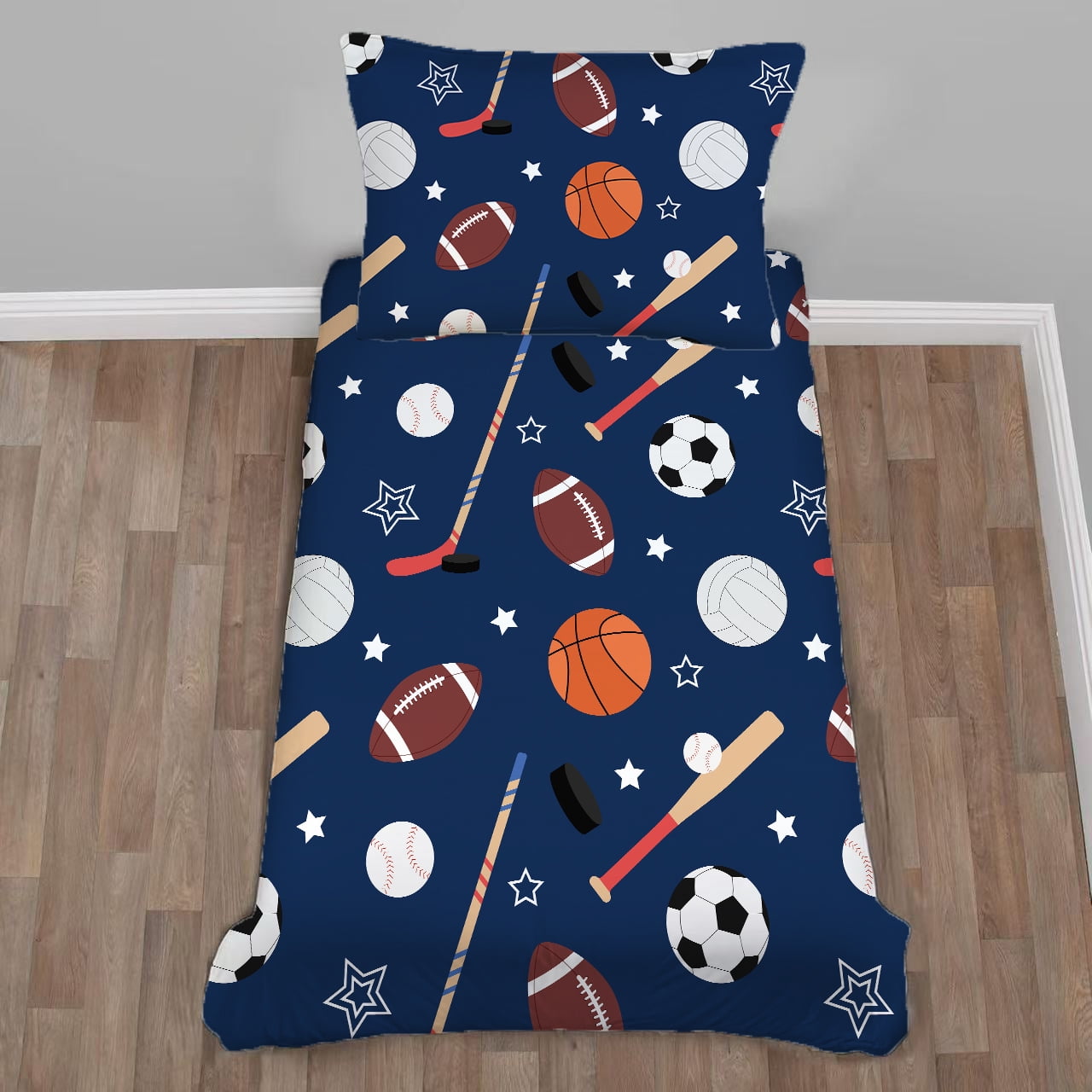 Toddler Bedding Sets for Babys Boys Girls Kids Navy Blue Ball Sports Toddler Crib Comforter Set Flat Sheet Fitted Sheet and Pillowcase 4 Pieces