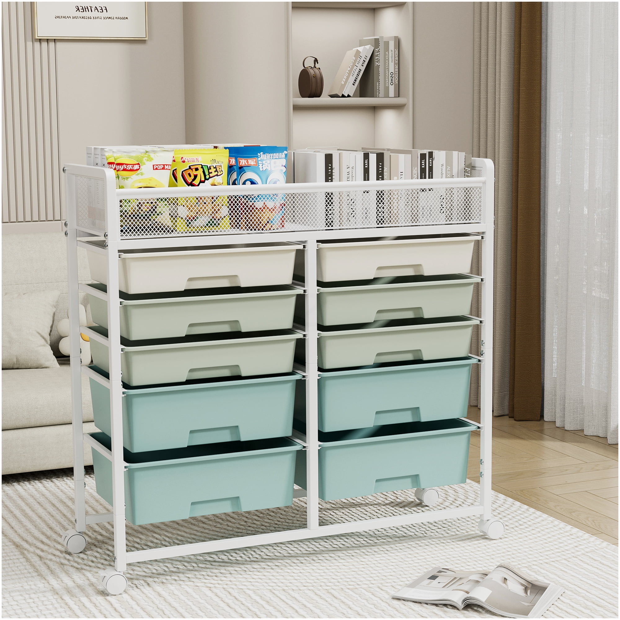 White Rolling 10-Drawer Display and Storage Cart with Metal Mesh Top for Kitchen Bathroom Bedroom and Office Organization