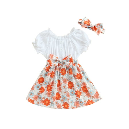 

Qtinghua Toddler Baby Girls Summer Casual Dress Short Sleeve Off Shoulder Floral Dress with Headband Set