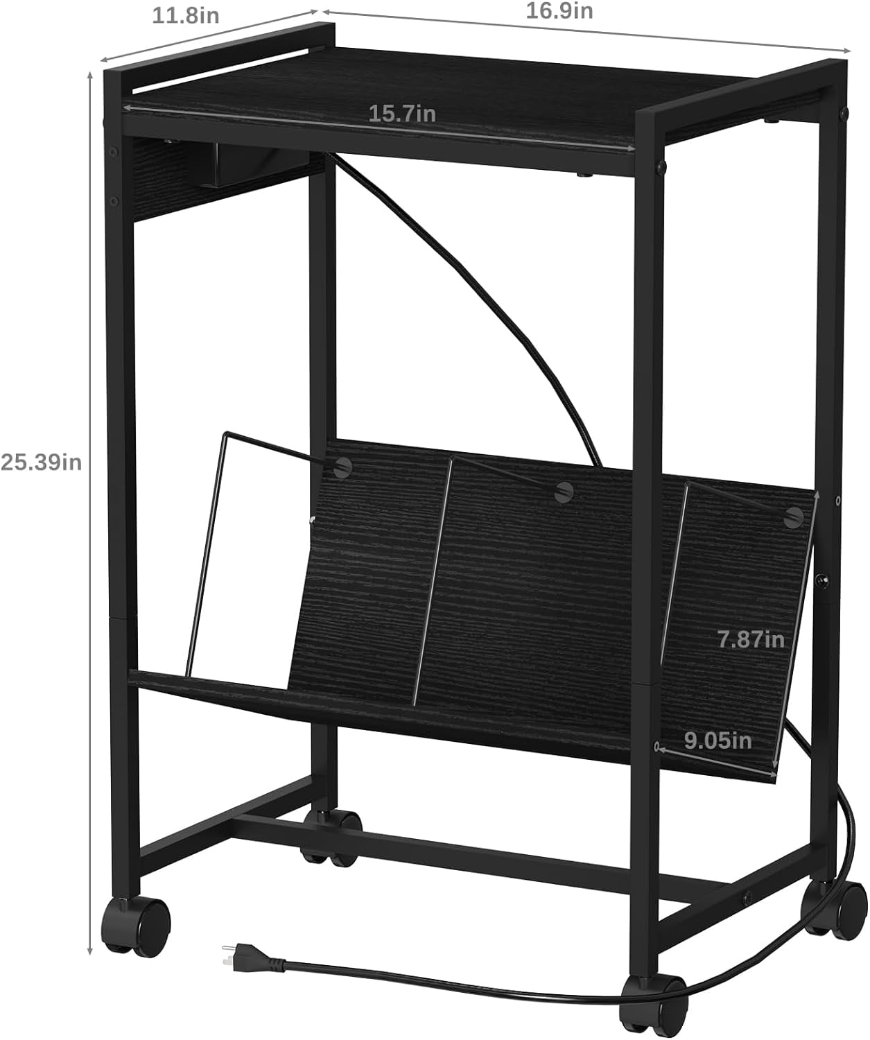 2-Tier End Table Record Player Stand with Charging Station and Vinyl Storage Shelf, Black