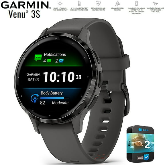 Restored Garmin 010-N2785-00 Venu 3S Health Fitness GPS Smartwatch Slate Bezel / Black Band 41mm (Refurbished) Bundle with 2 YR CPS Enhanced Protection Pack