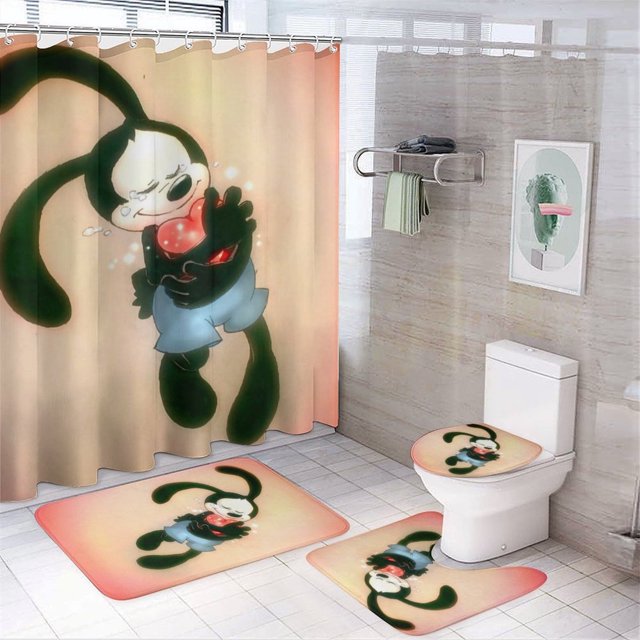 Juego de 4 cortinas de ducha con diseño de conejo de la suerte de Oswald, con alfombrillas antideslizantes, tapa de inodoro y alfombrilla de baño, cortina de ducha impermeable con decoración de