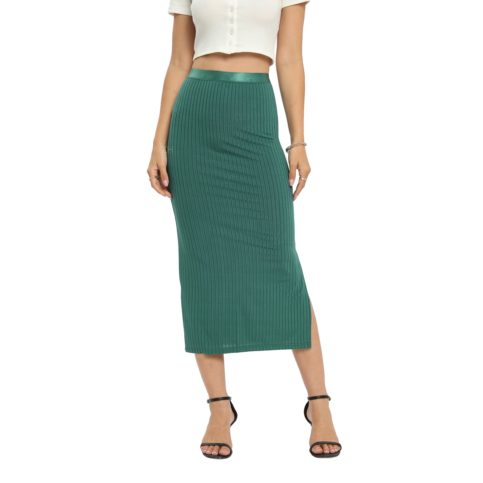 Xmarks Women's High Waist Bodycon Skirts Solid Rib Side Slit Knit Midi Skirt  Slim Fit Office Pencil Skirt Stretchy Mid Length Business Skirts, S-2XL -  Walmart.com