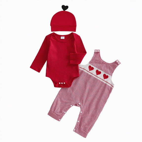 UngA Toddler Baby Boy Valentines Outfit Newborn Solid Long Sleeve Romper Heart Overall Pants Hat Infant Boys Fall Winter Spring Outfit (Red,6-12 Months)