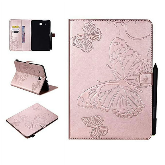 Galaxy Tab E 9.6" (SM-T560/T561) Case, Allytech Embossed with Butterfly Series Folio Stand Wallet Case with Cards/Cash Holder for Samsung Galaxy Tab E 9.6-inch (NOT for SM-T560NU), Rosegold