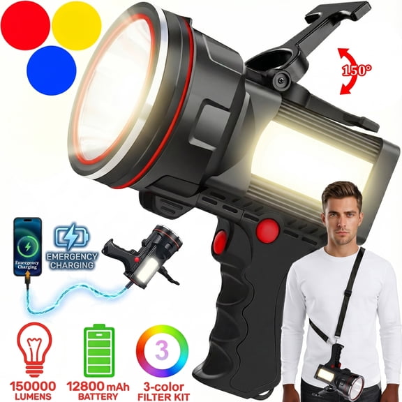 EZBY Flashlight,150000 Lumens Rechargeable Spotlight Flashlight,12800mAh High Power LED Handheld Spotlight with 6 Modes, 7 Colors,Waterproof for Camping Hunting Emergency