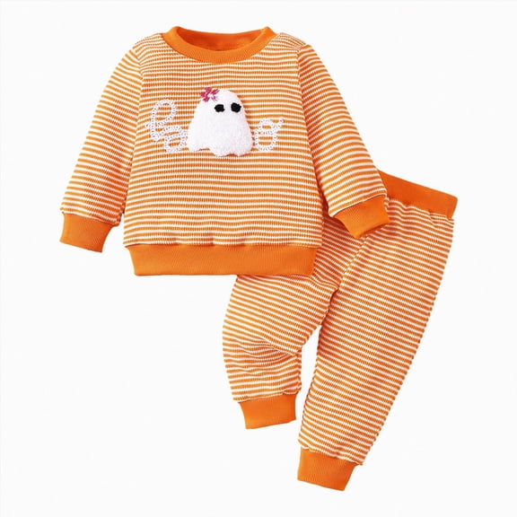 TOWED22 Toddler Baby Boy Girl Halloween Outfit Letter Ghost Embroidery Stripe Long Sleeve Waffle Sweatshirt and Pants Set,Orange,12-18 M